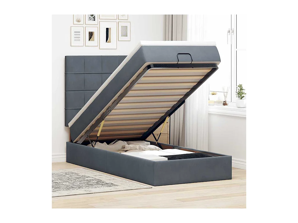 Cadre de lit ottoman avec matelas gris foncé 100x200 cm velours
