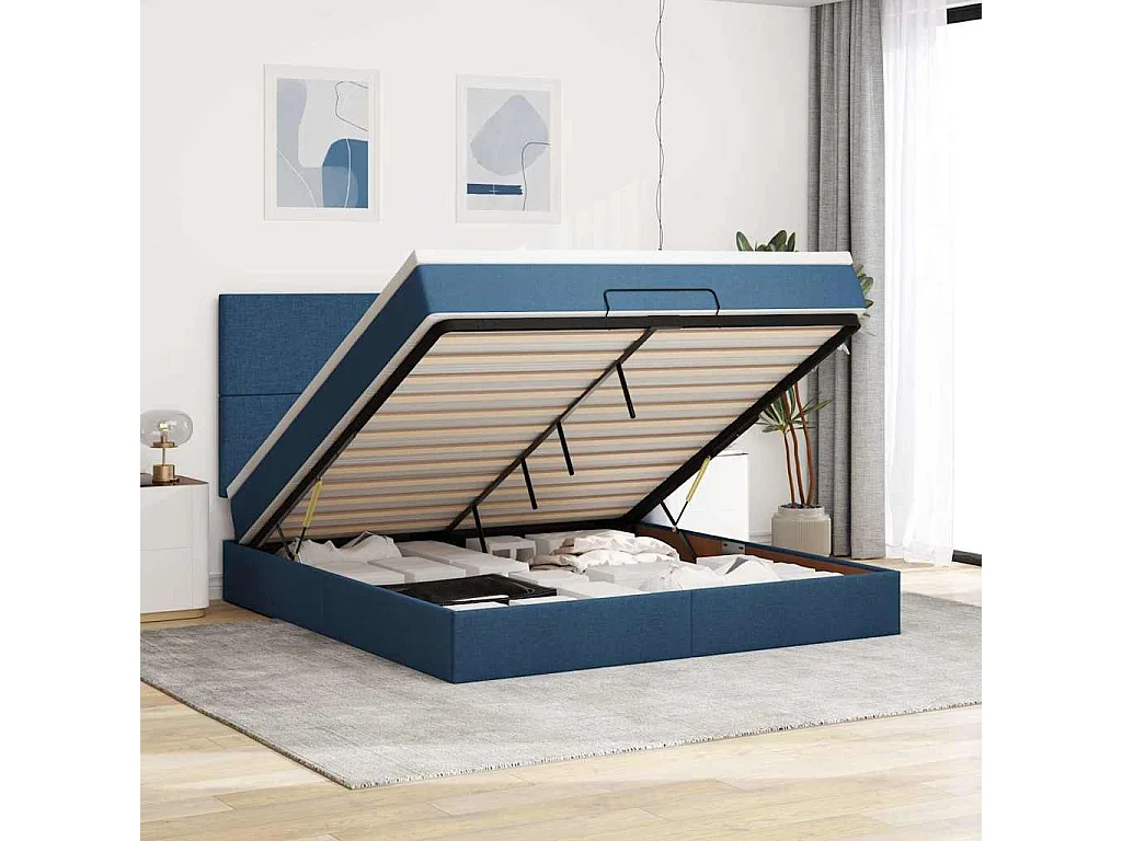 Cadre de lit ottoman avec matelas bleu 160x200 cm tissu