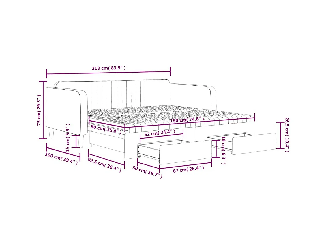 Slaapbank onderschuifbed en lades 90x190 cm fluweel donkergrijs