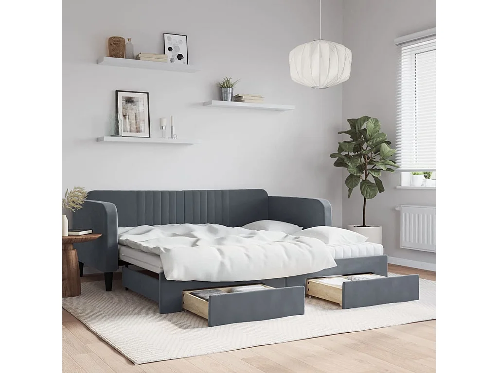 Tagesbett Ausziehbar mit Schubladen Dunkelgrau 90x190 cm Samt