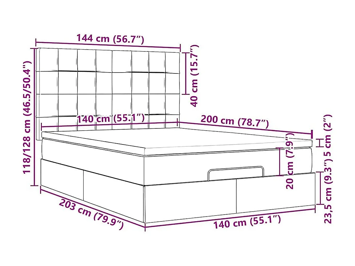 Cadre de lit ottoman avec matelas gris clair 140x200 cm velours