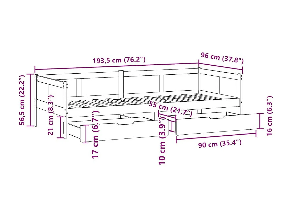 Tagesbett mit Schubladen Weiß 90x190 cm Kiefernholz