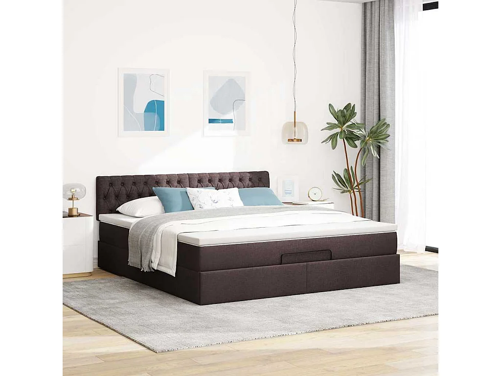 Cadre de lit ottoman avec matelas marron foncé 160x200 cm tissu