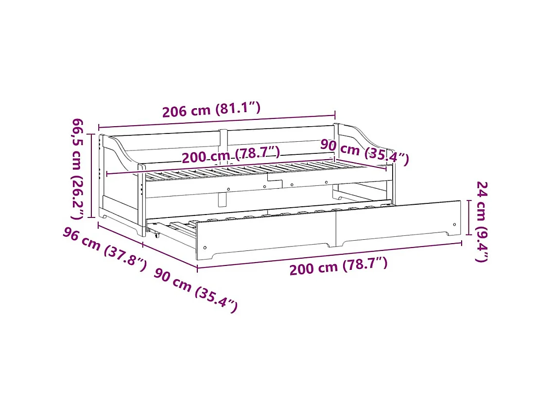Lit de jour avec gigogne sans matelas IRUN blanc 90x200 cm
