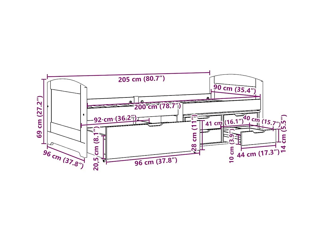 Lit de jour et 5 tiroirs sans matelas IRUN blanc rose 90x200 cm