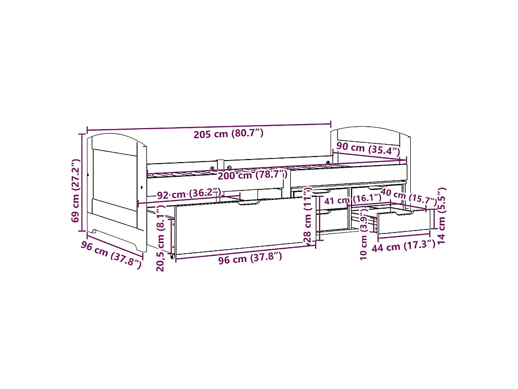 Lit de jour et 5 tiroirs sans matelas IRUN blanc rose 90x200 cm