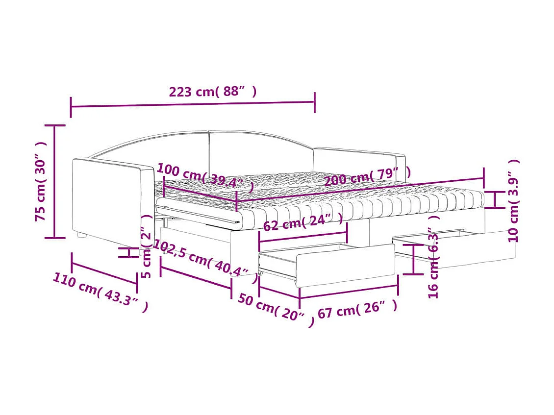 Tagesbett Ausziehbar mit Schubladen Schwarz 100x200 cm Stoff