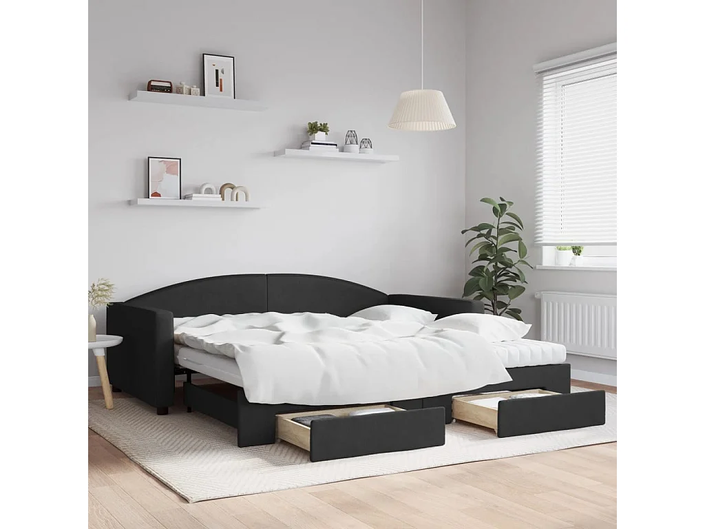 Tagesbett Ausziehbar mit Schubladen Schwarz 100x200 cm Stoff