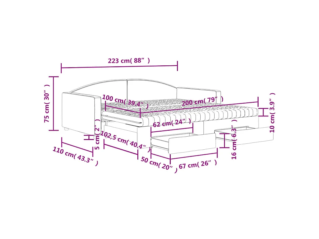 Tagesbett Ausziehbar mit Schubladen Schwarz 100x200 cm Stoff