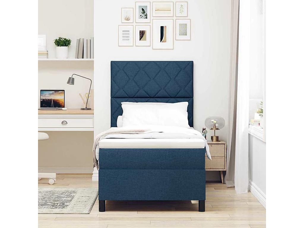 Cama Box com colchão com cabeceira Azul 90 x 190 cm tecido