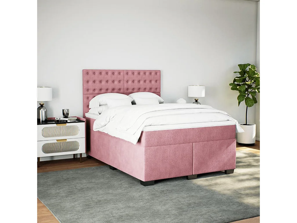 Cama box spring con colchón terciopelo rosa 140x190 cm