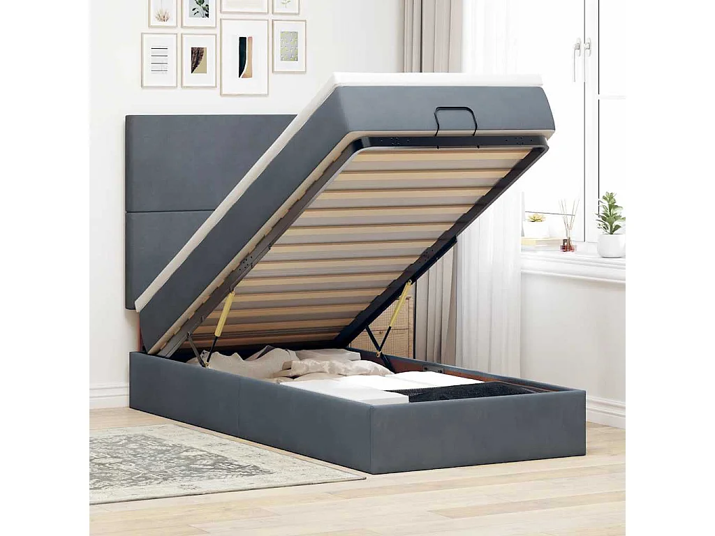 Cadre de lit ottoman et matelas gris foncé 90x200 cm velours