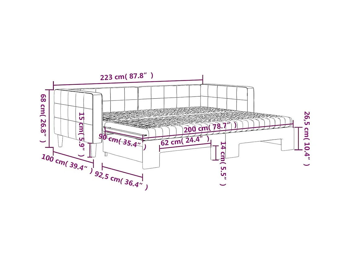 Lit de jour avec gigogne et matelas gris foncé 90x200cm velours