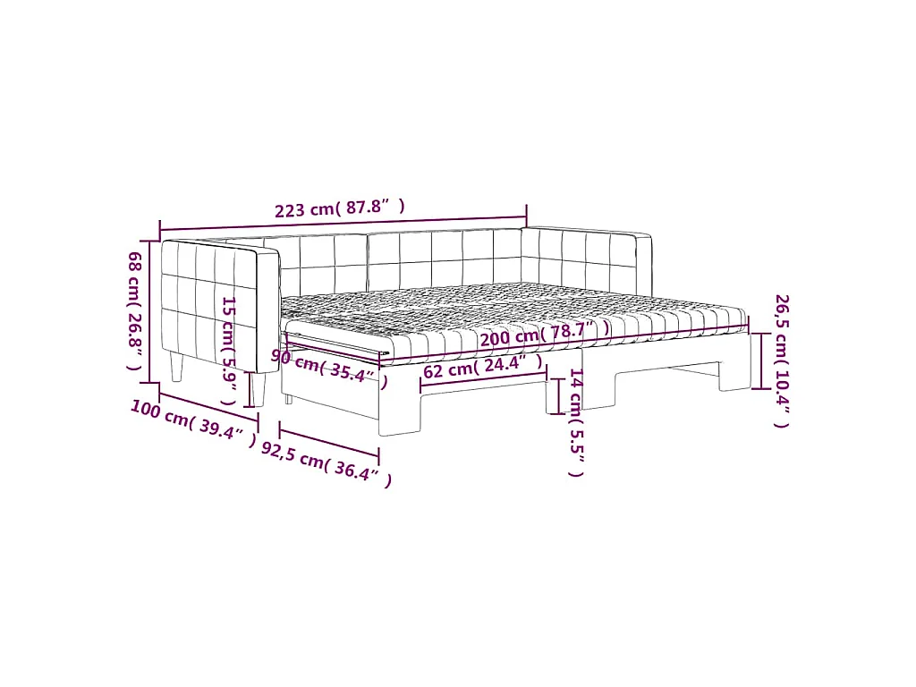 Slaapbank onderschuifbed matrassen 90x200cm fluweel donkergrijs