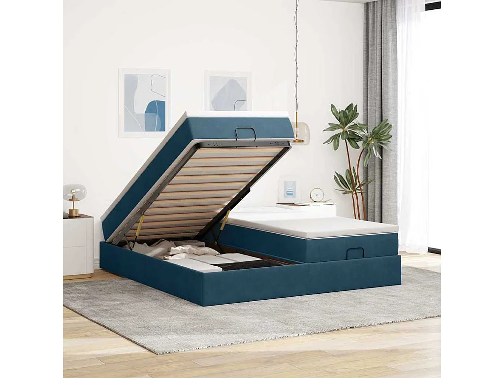 Cadre de lit ottoman avec matelas bleu foncé 160x200 cm velours