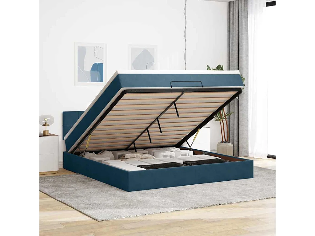 Cadre de lit ottoman avec matelas bleu foncé 160x200 cm velours