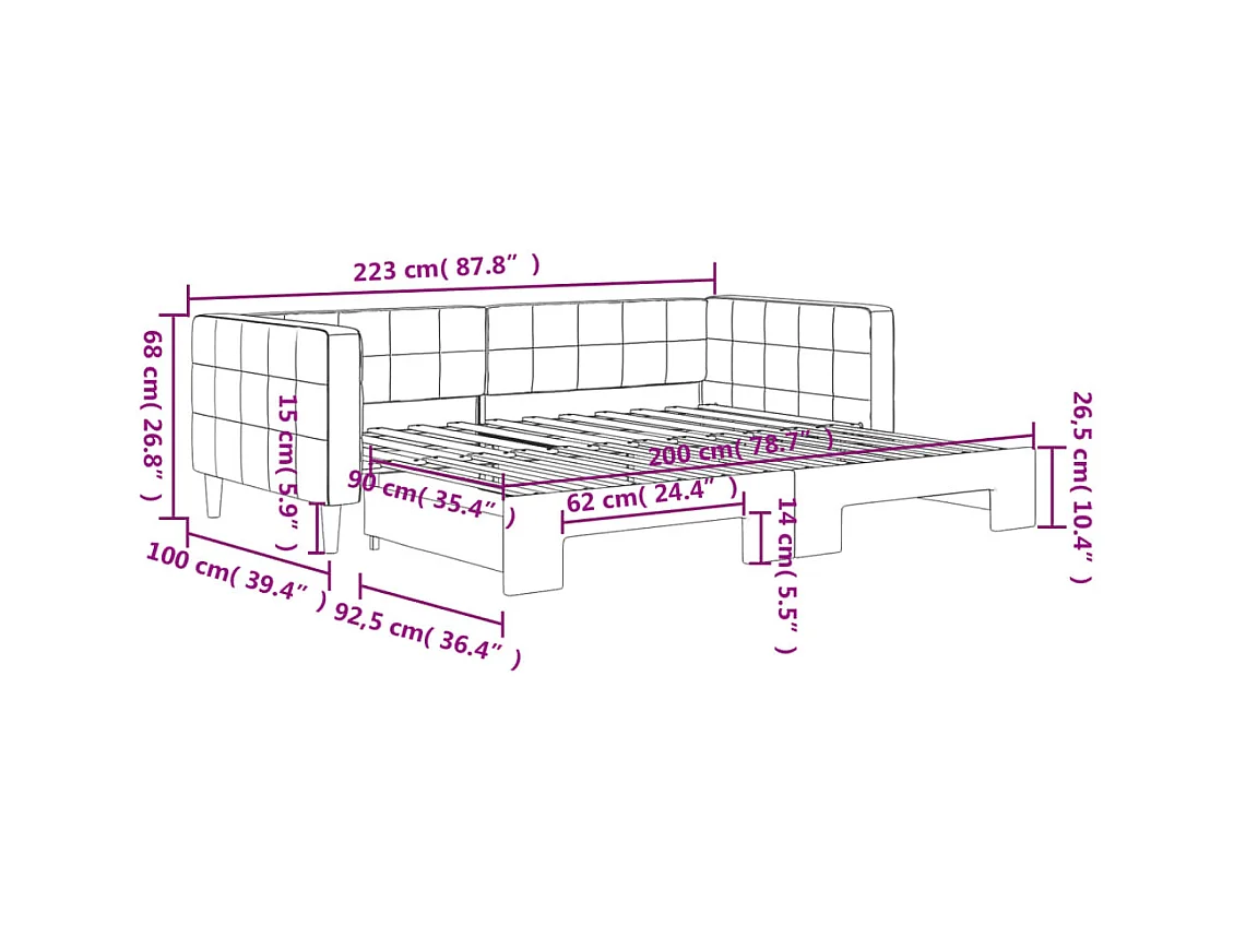 Lit de jour avec gigogne sans matelas gris foncé 90x200 cm
