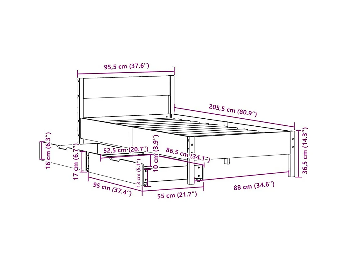 Cadre de lit sans matelas blanc 90x200 cm bois de pin massif