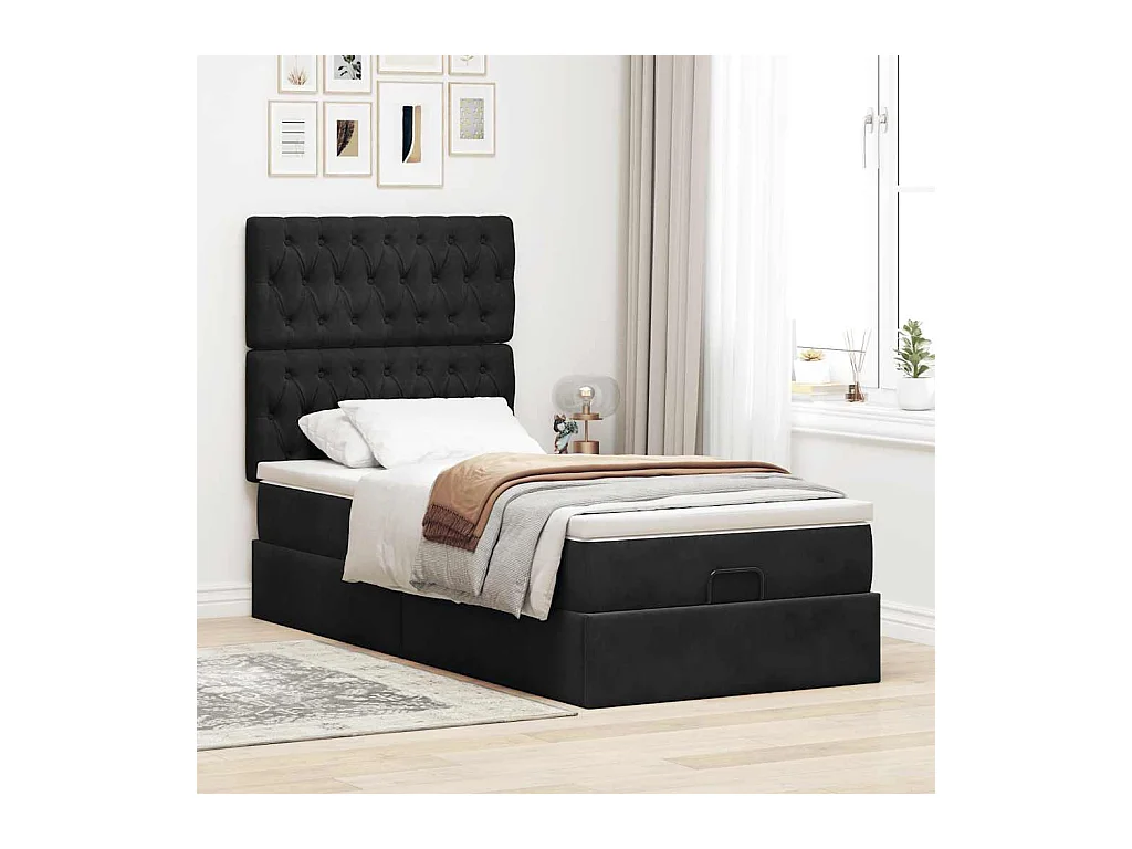 Ottoman-Bett mit Matratzen & LEDs Schwarz 90x190 cm Samt