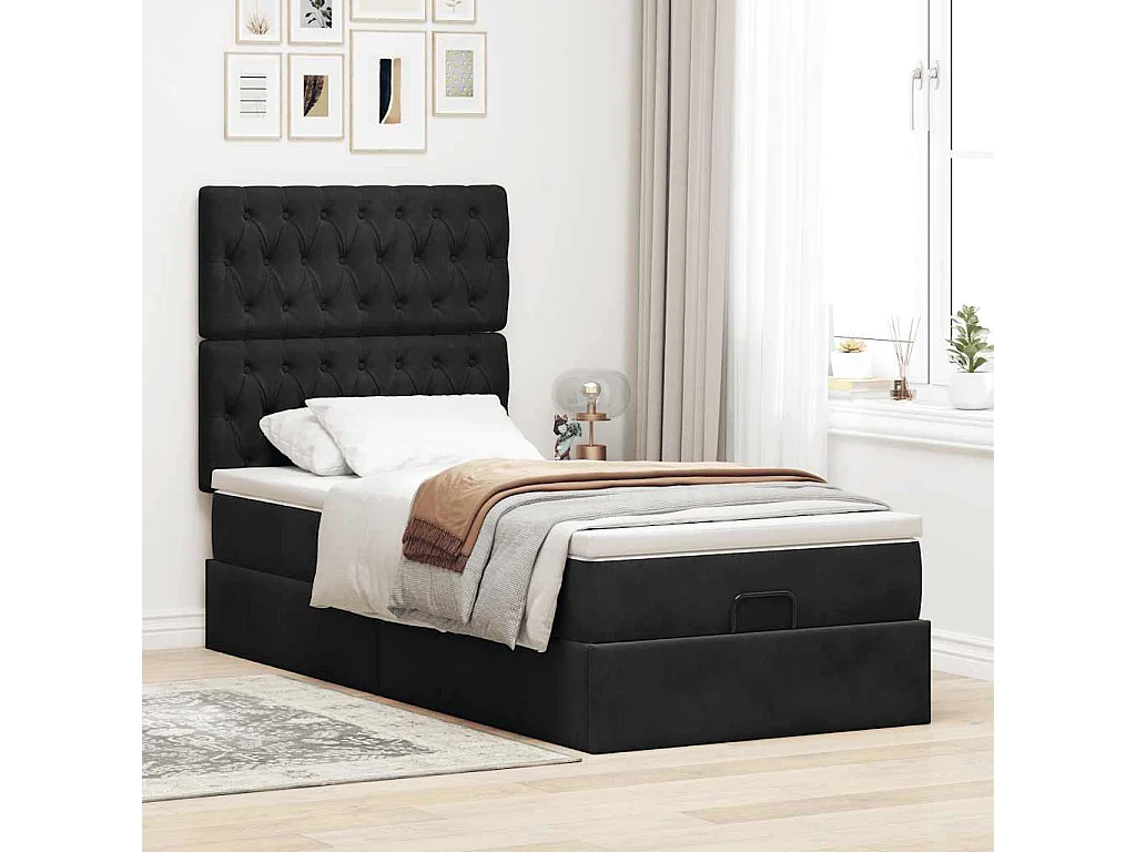 Ottoman-Bett mit Matratzen & LEDs Schwarz 90x190 cm Samt