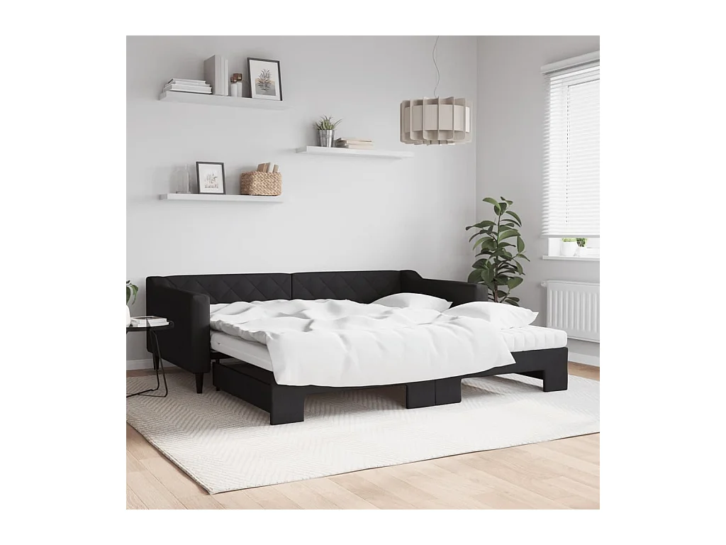 Lit de jour avec gigogne et matelas noir 100x200 cm tissu