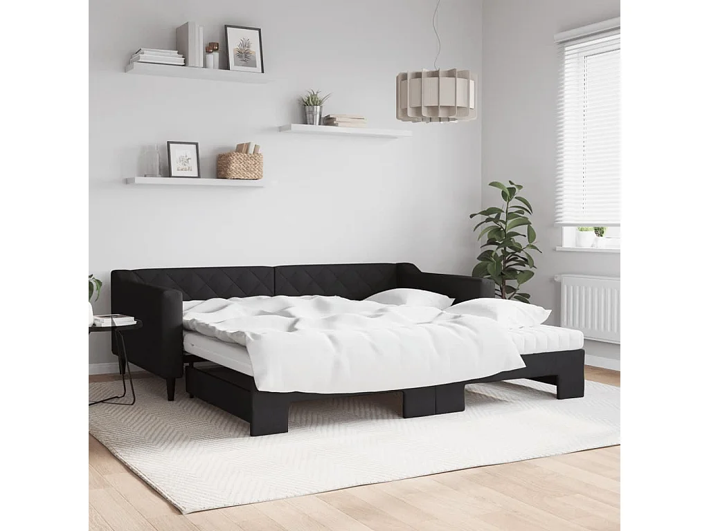 Tagesbett Ausziehbar mit Matratzen Schwarz 100x200 cm Stoff