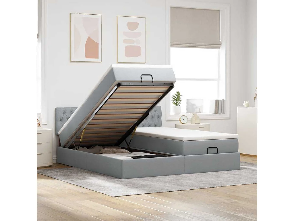 Ottoman bed met matrassen en LED's 180x200cm stof lichtgrijs