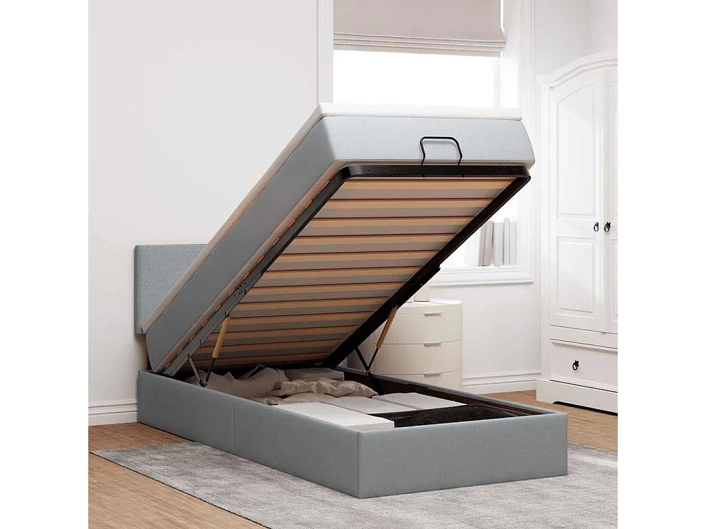 Cama otomana com colchão 100x200 cm tecido cinzento claro