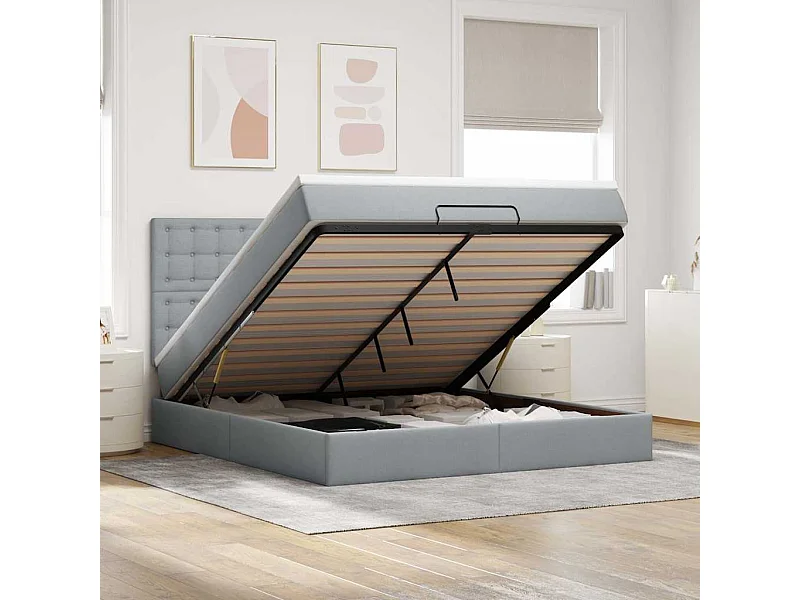 Cadre de lit ottoman et matelas gris clair 160x200cm tissu