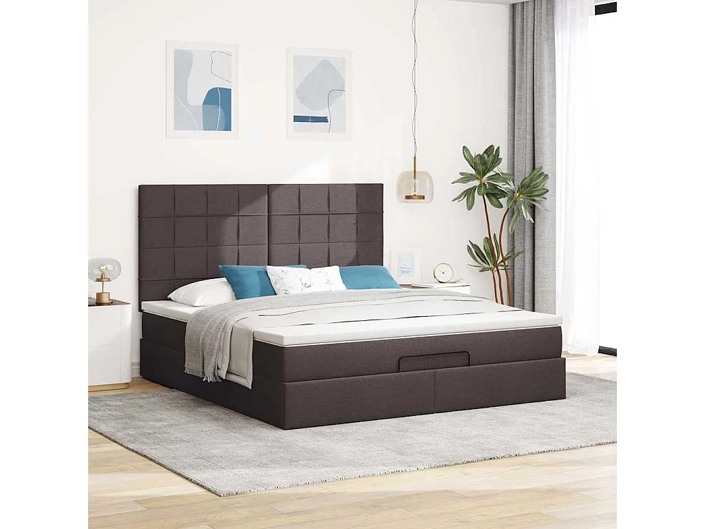 Estrutura de cama otomana com colchão tecido castanho escuro