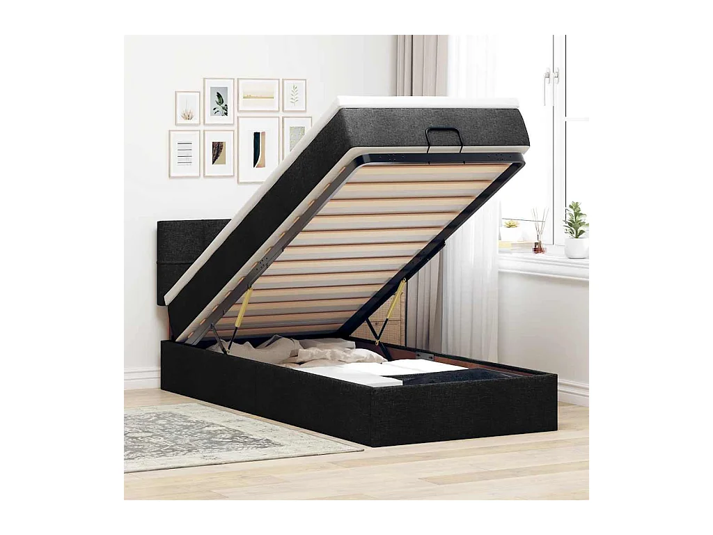 Struttura Letto Pouf con Materasso Nero 90x190 cm in Tessuto