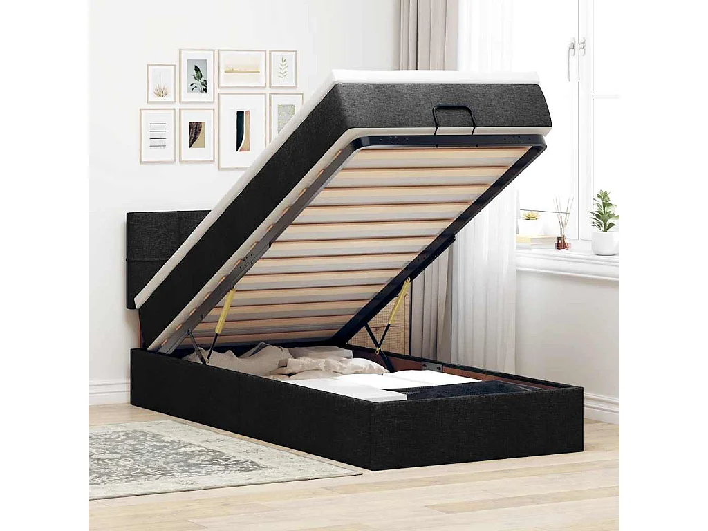 Ottoman-Bett mit Matratze & LEDs Schwarz 90x190 cm Stoff