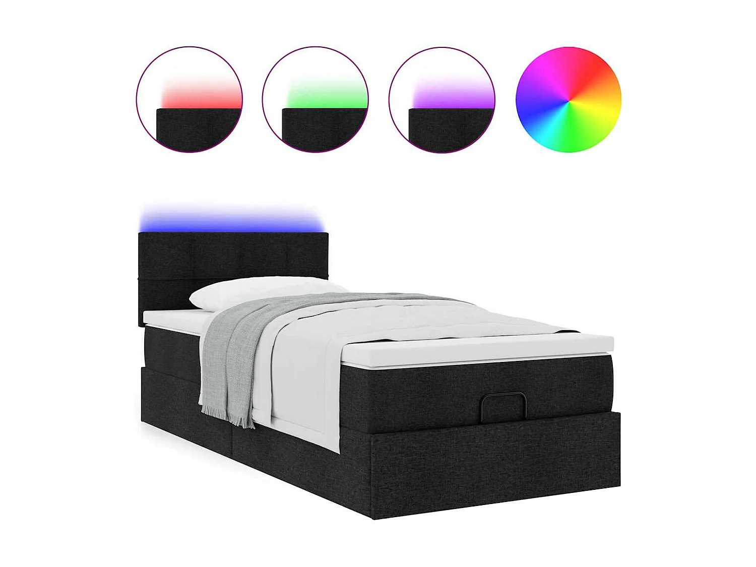 Ottoman-Bett mit Matratze & LEDs Schwarz 90x190 cm Stoff