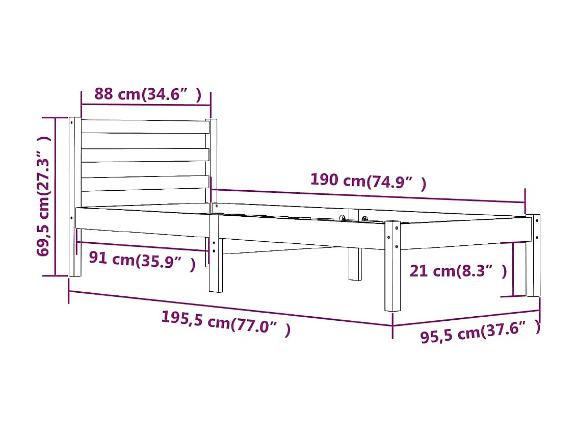 Bedframe massief grenenhout wit 90x190 cm