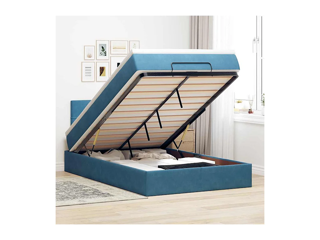 Lit ottoman avec matelas et LED bleu foncé 90x200cm velours