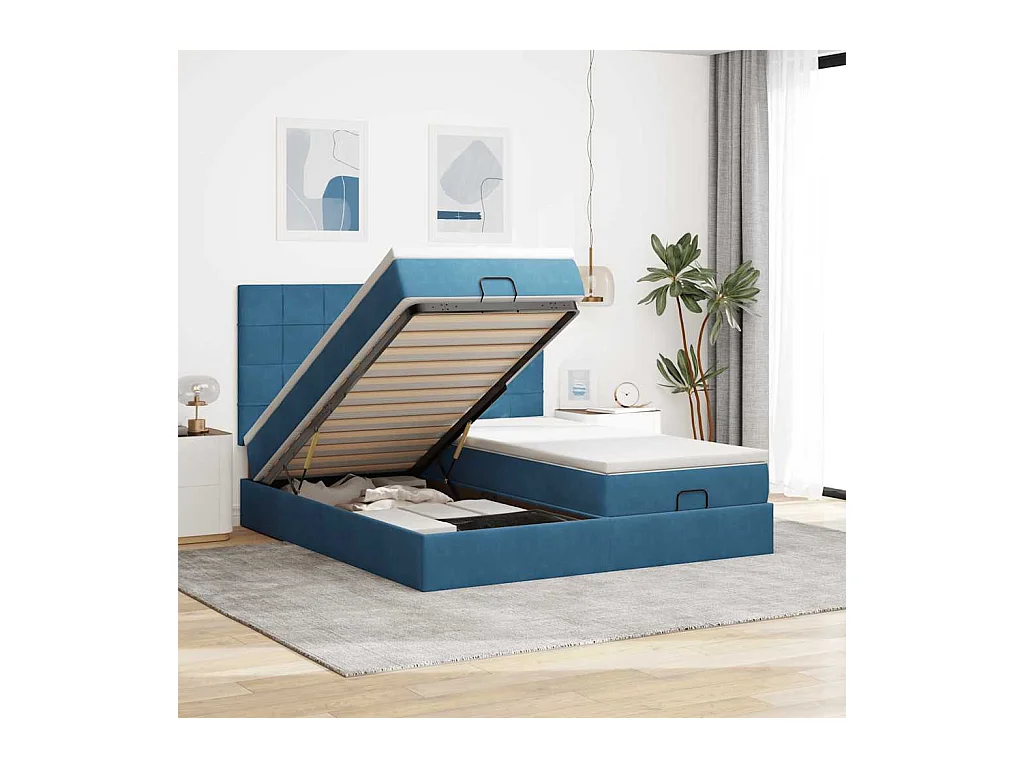 Cadre de lit ottoman avec matelas bleu foncé 180x200 cm velours