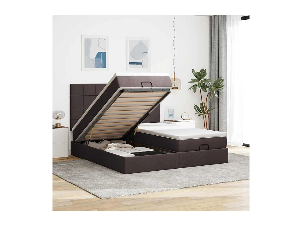 Cadre de lit ottoman avec matelas marron foncé 180x200 cm tissu