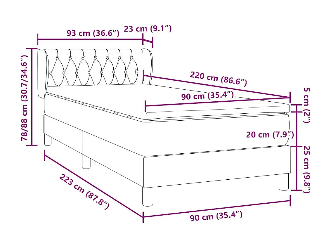 Cama com molas/colchão 90x220 cm veludo preto