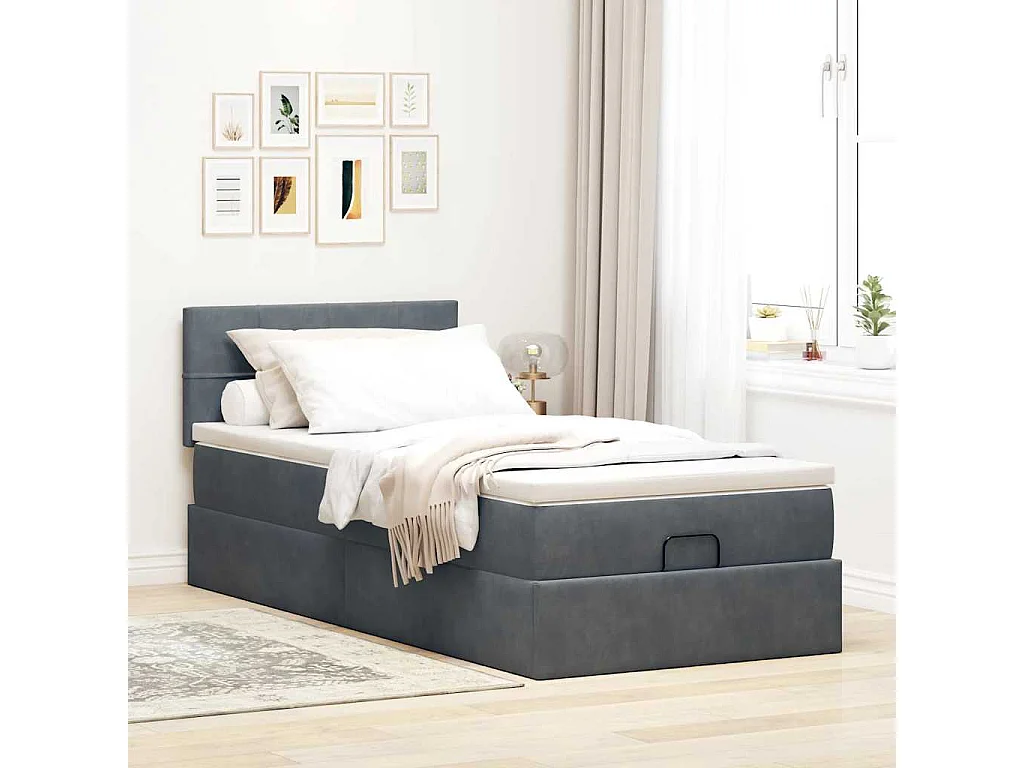 Estructura cama otomana colchón terciopelo gris oscuro 90x190cm