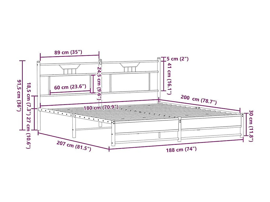 Metallbett ohne Matratze Sonoma-Eiche 180x200 cm