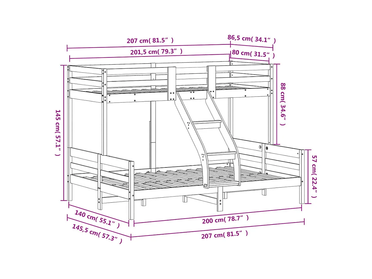 Letto a Castello 80x200/140x200 cm in Legno Massello di Pino