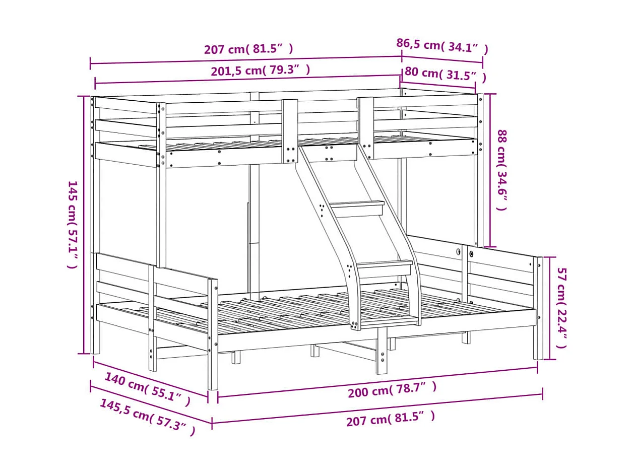 Stapelbed massief grenenhout 80x200/140x200 cm