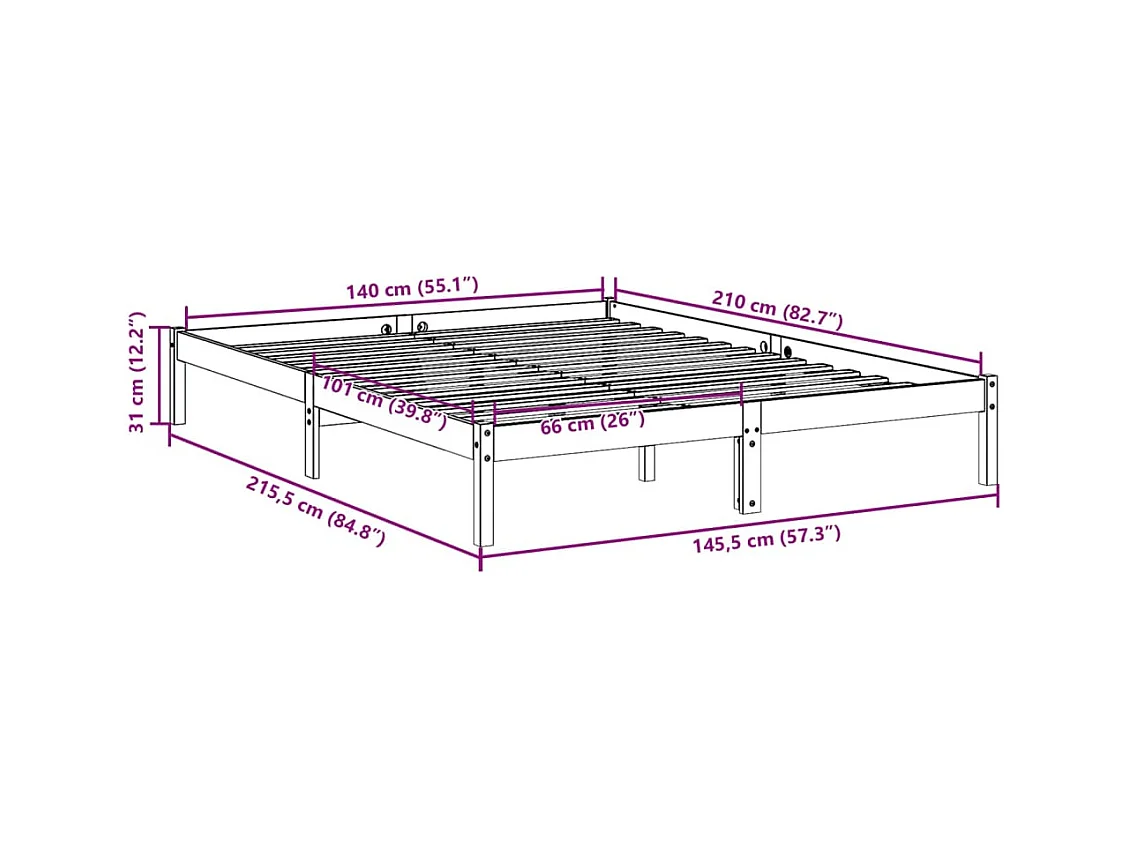 Bedframe extra lang zonder matras grenenhout wit 140x210 cm