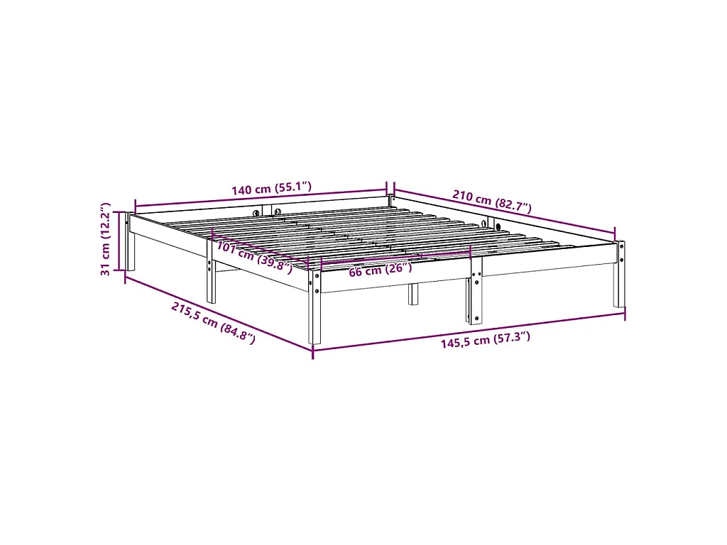 Cadre de lit extra long sans matelas 140x210 cm bois massif pin
