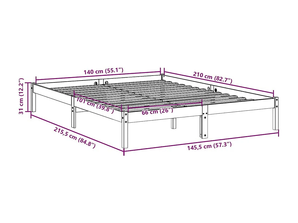 Cadre de lit extra long sans matelas 140x210 cm bois massif pin