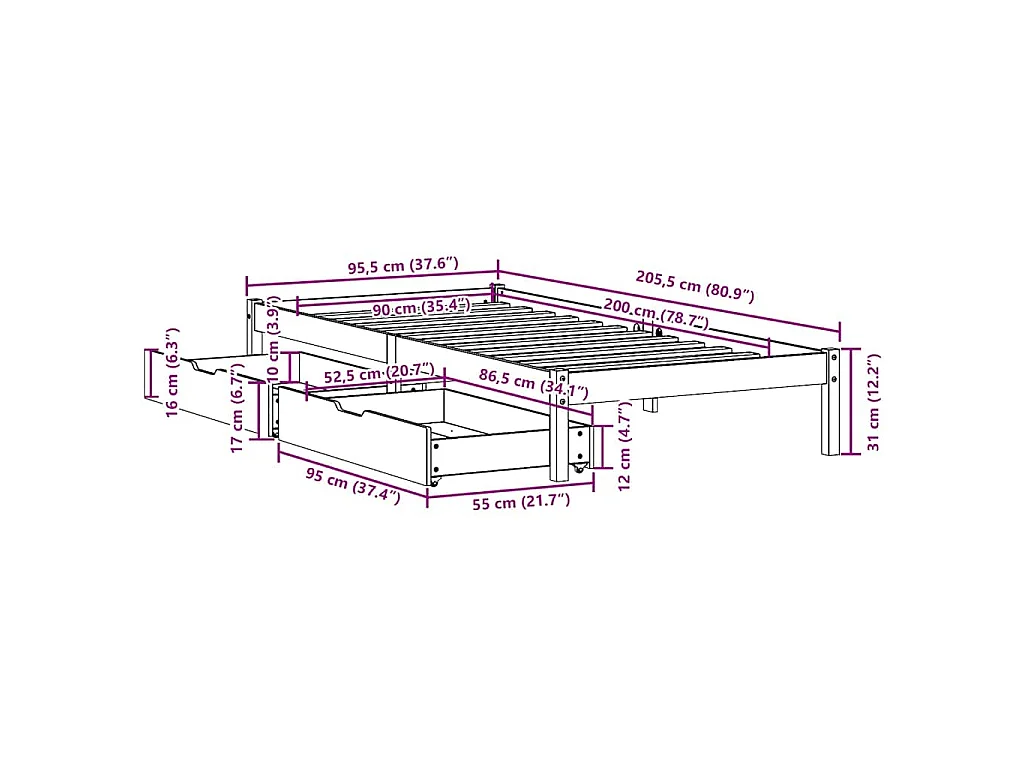 Bedframe zonder matras massief grenenhout wit 90x200 cm