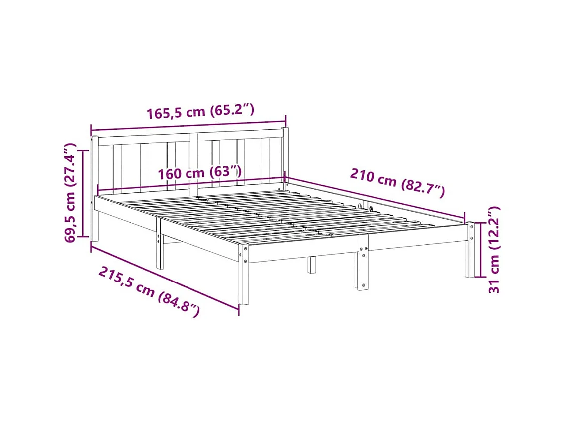 Cadre de lit extra long sans matelas 160x210 cm bois massif pin