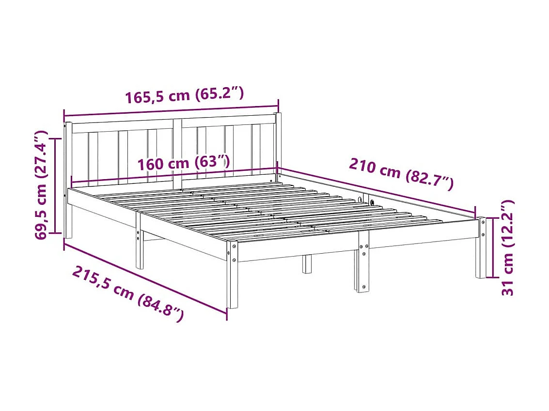 Cadre de lit extra long sans matelas 160x210 cm bois massif pin