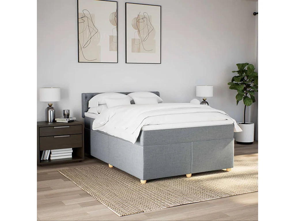 Cama box spring con colchón tela gris claro 140x190 cm