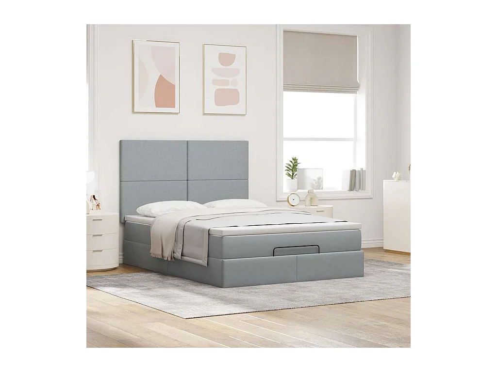 Cadre de lit ottoman et matelas gris clair 140x190 cm tissu